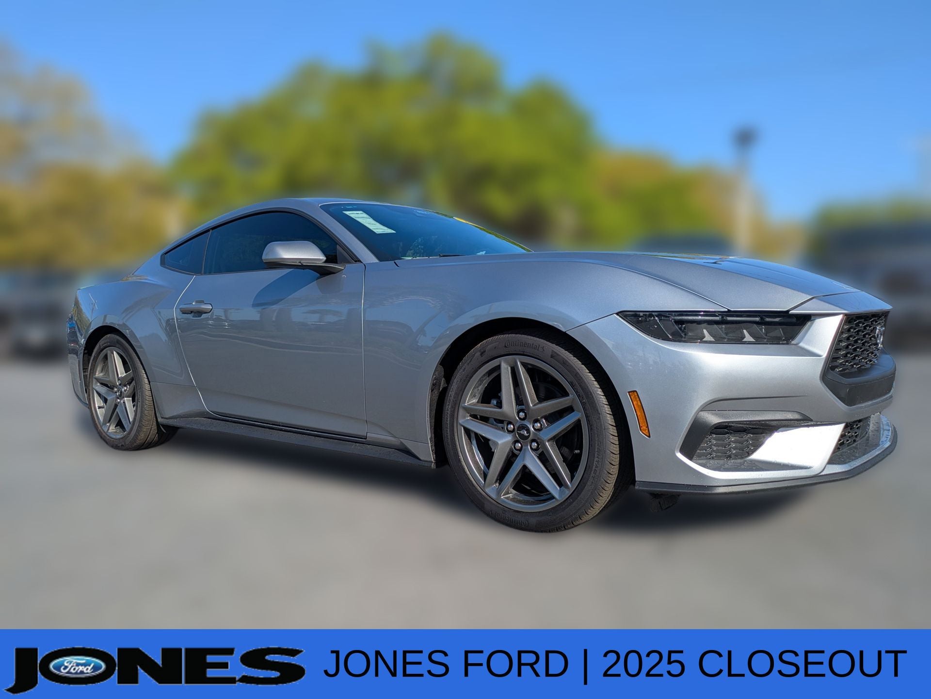 2025 Ford Mustang EcoBoost Fastback in Iconic Silver Metallic — front three-quarter view