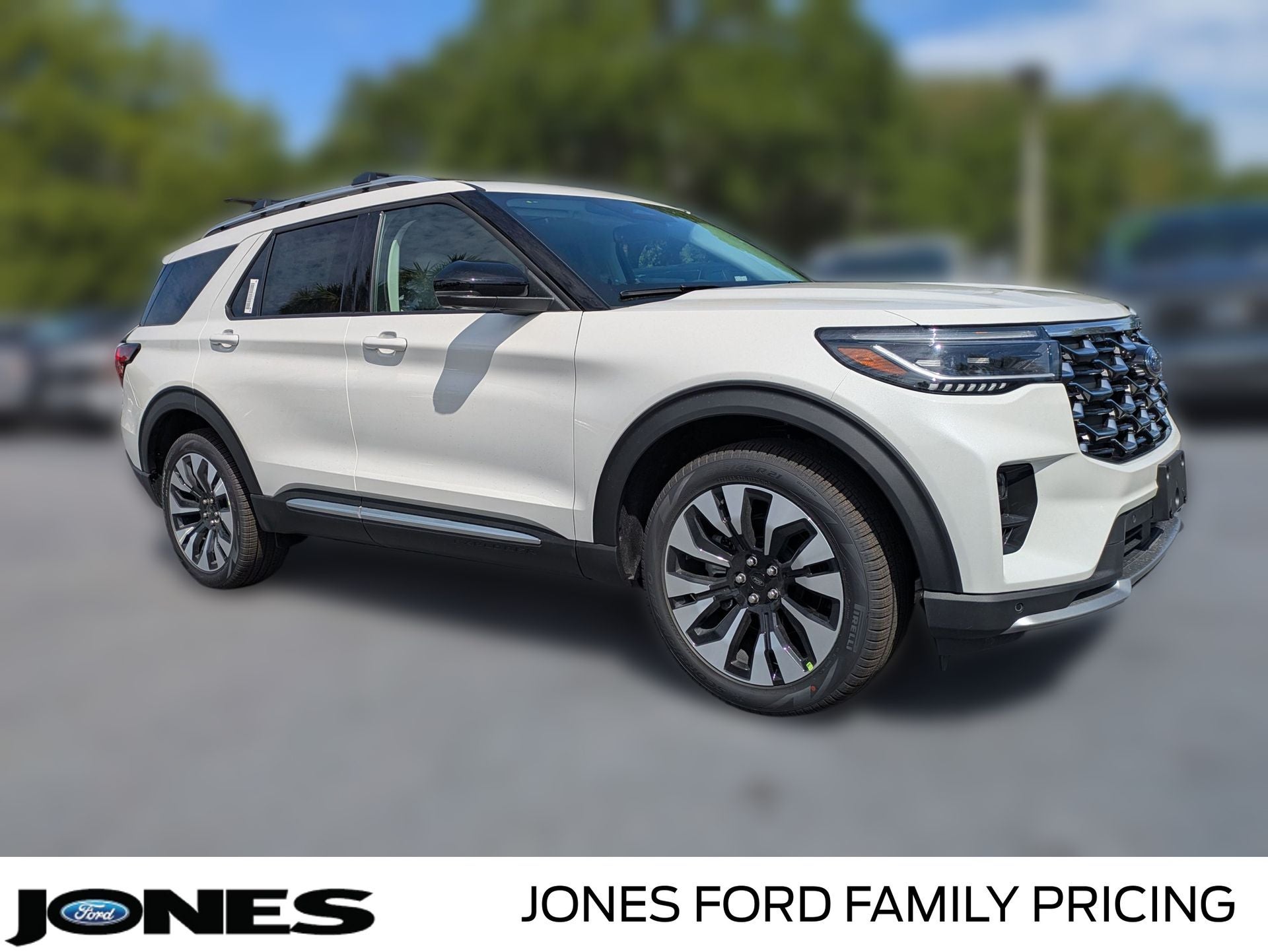 2026 Ford Explorer Platinum in Star White Metallic Tri-Coat — front three-quarter view