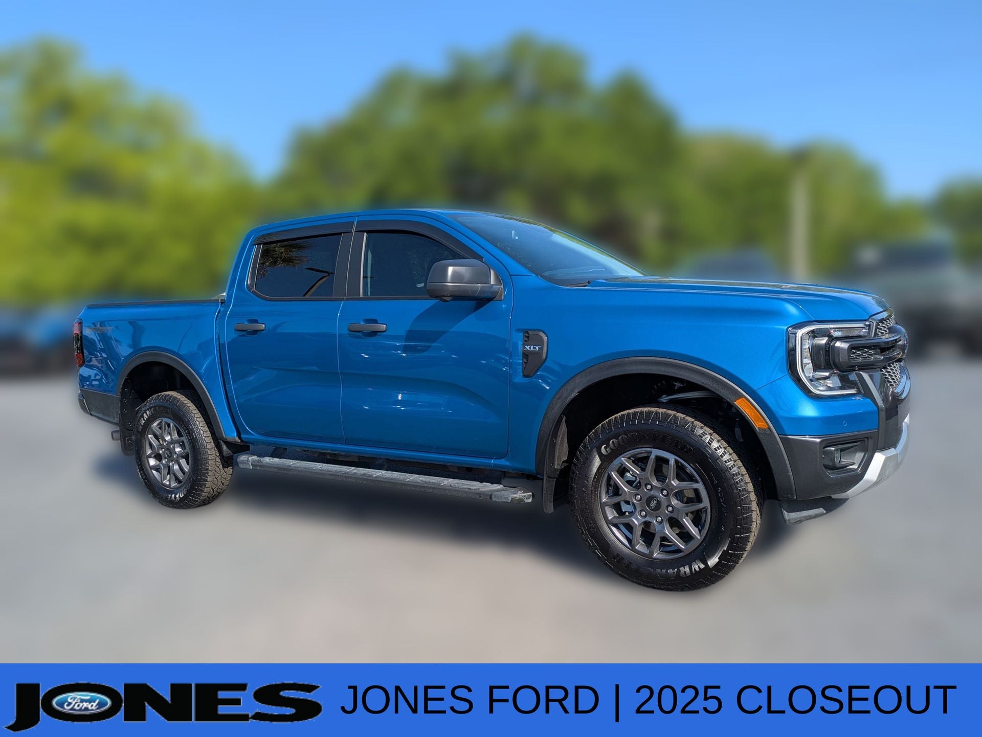 2025 Ford Ranger XLT in Velocity Blue Metallic — front three-quarter view
